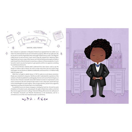 Illustrated page featuring a biography of Frederick Douglass with a cartoon of him in a suit, holding a book against a purple backdrop with bookshelves.