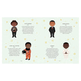 Four illustrated figures are arranged in two rows on a light background with star motifs. Each character, dressed differently, represents notable Black figures with brief biographies next to them, highlighting achievements in animation, politics, space exploration, and music.