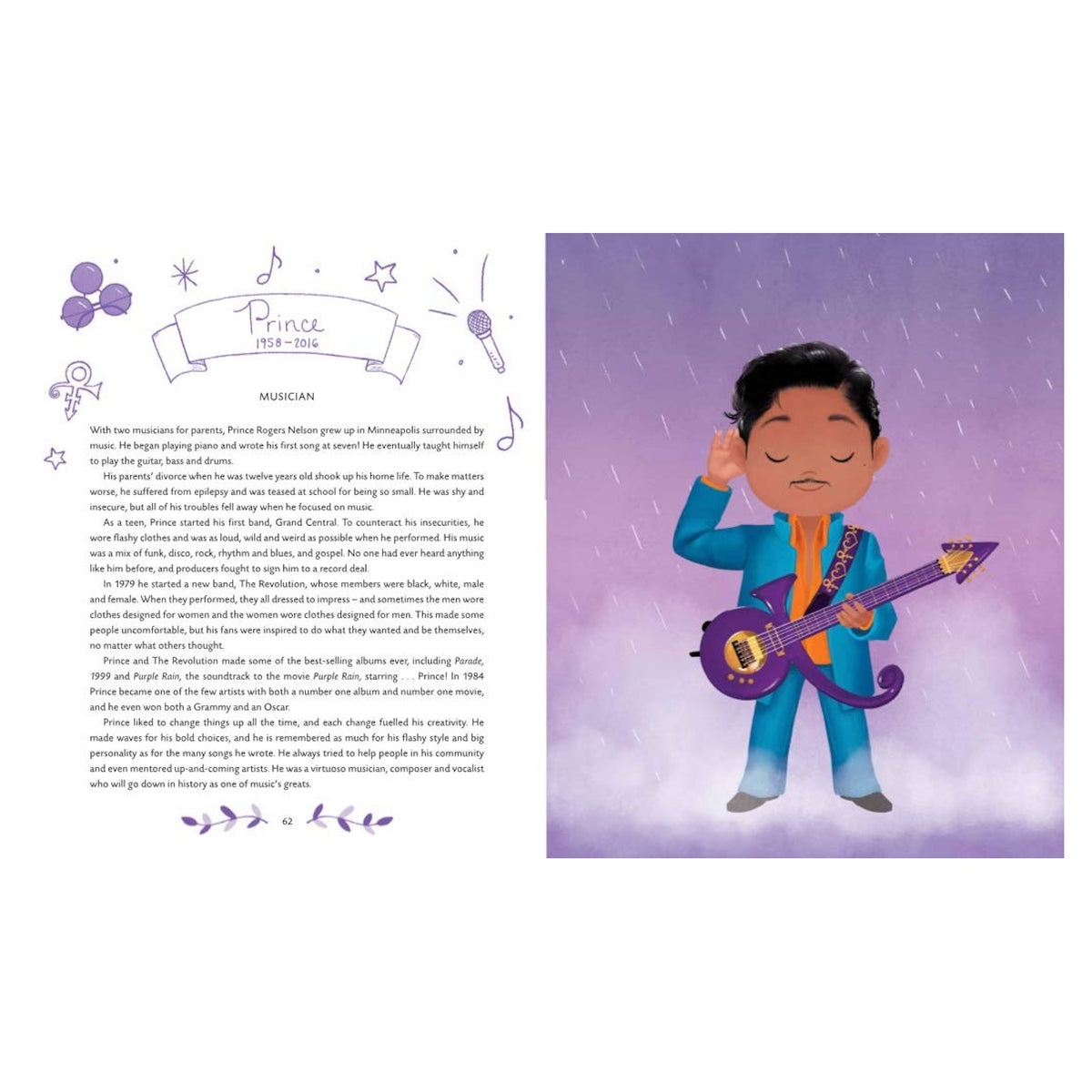 Illustrated page of a book about a musician. Left side features a biography with purple music-themed icons. Right side shows a cartoon character holding a purple guitar, wearing a blue suit against a purple background.