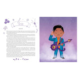 Illustrated page of a book about a musician. Left side features a biography with purple music-themed icons. Right side shows a cartoon character holding a purple guitar, wearing a blue suit against a purple background.