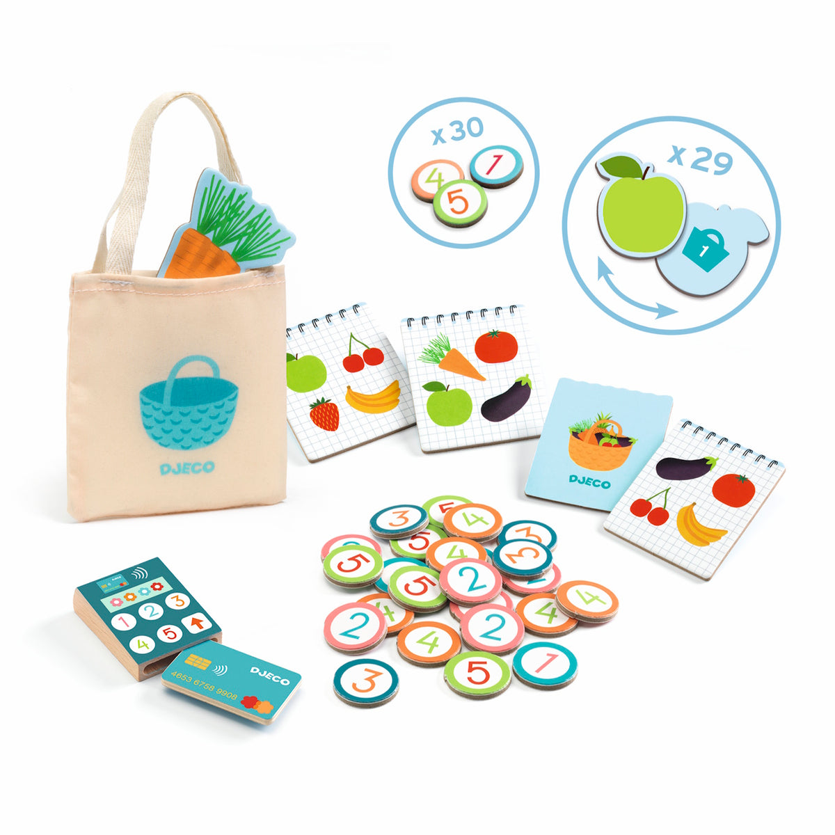Djeco Maxi Market educational toy set with shopping bag, number tokens, and grocery list notebooks for kids.