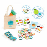 Djeco Maxi Market educational toy set with shopping bag, number tokens, and grocery list notebooks for kids.