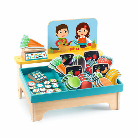 Djeco wooden fruit and vegetable market stall toy with play money, scale, and colorful produce for kids.