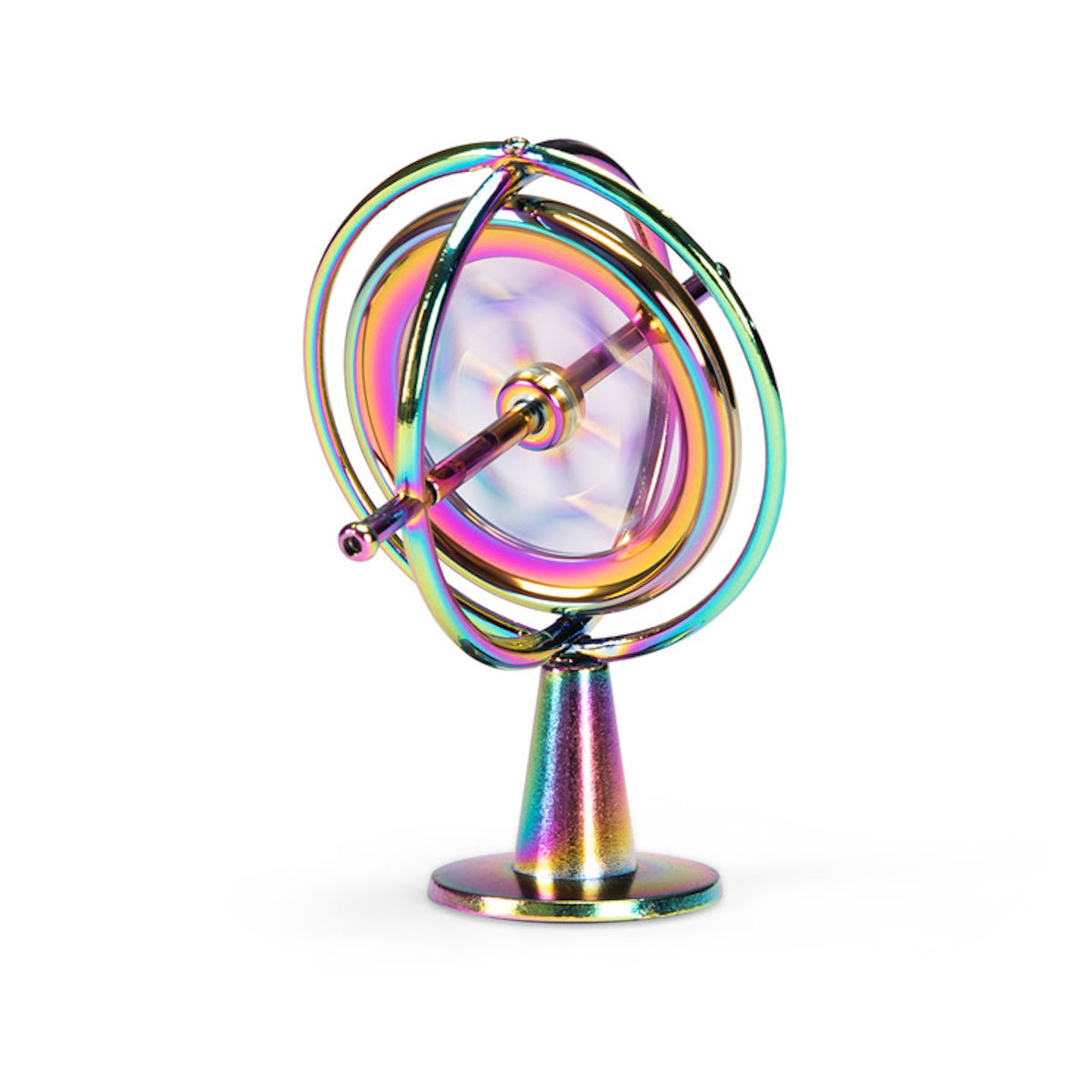 Rainbow metal gyroscope spinning top balancing on its matching stand against a plain white background.