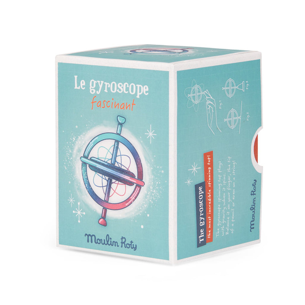 Turquoise box featuring a colorful illustration of a gyroscope with swirling lines, labeled "Le gyroscope fascinant" in white and red text.