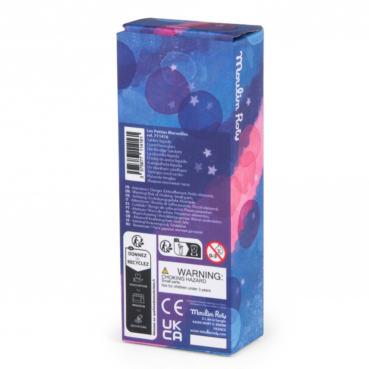 Moulin Roty liquid hourglass product packaging box with starry blue and purple design and warning text.