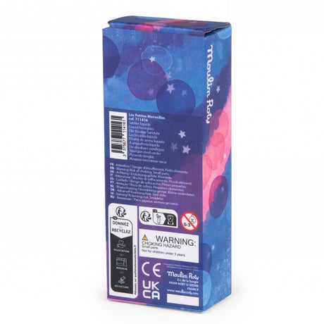 Moulin Roty liquid hourglass product packaging box with starry blue and purple design and warning text.