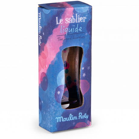 Moulin Roty Le sablier liquide sensory liquid hourglass toy in blue and pink galaxy themed packaging.