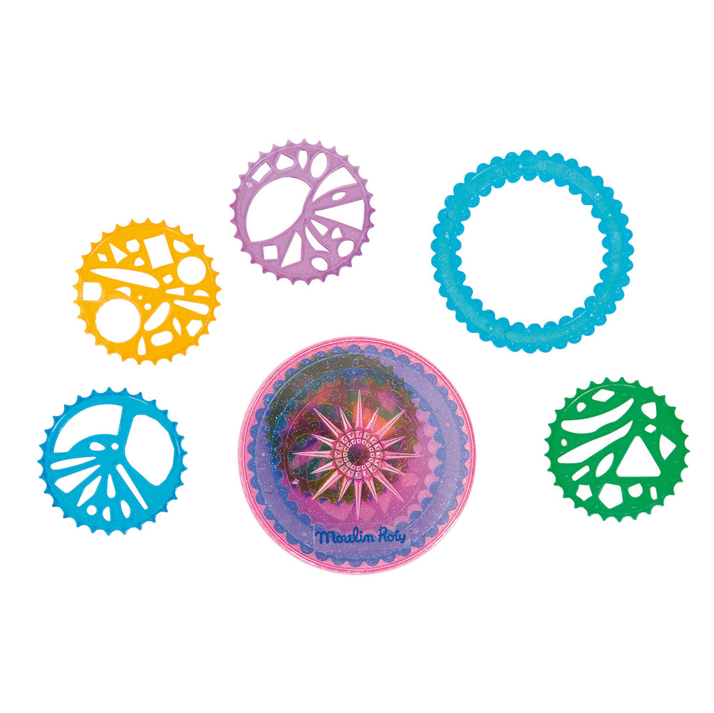Colorful geometric tools for spirograph drawing, featuring intricate patterns in yellow, purple, blue, and green, surrounding a decorative pink and purple central piece.