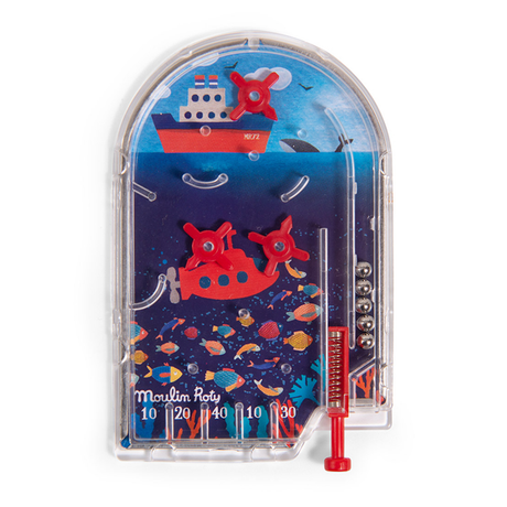Retro-style handheld water game featuring a red submarine and ship with propellers. Underwater scene with colorful fish. Game has metal balls.