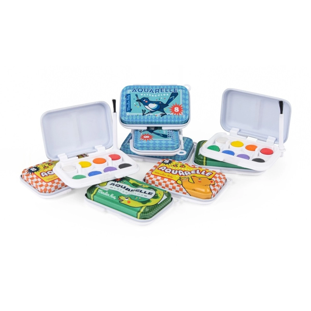Colorful watercolor paint sets in decorative tins, with open cases showing vibrant paints and brushes. The packaging features playful animal designs.