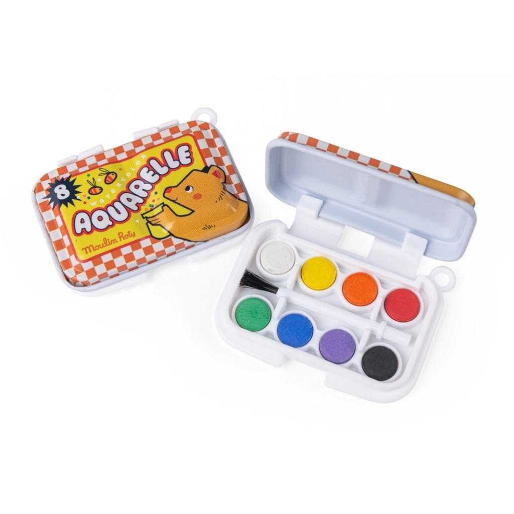 A small watercolor paint set featuring eight vibrant colors in a white case. The closed lid shows a playful yellow bear with the text "Aquarelle."