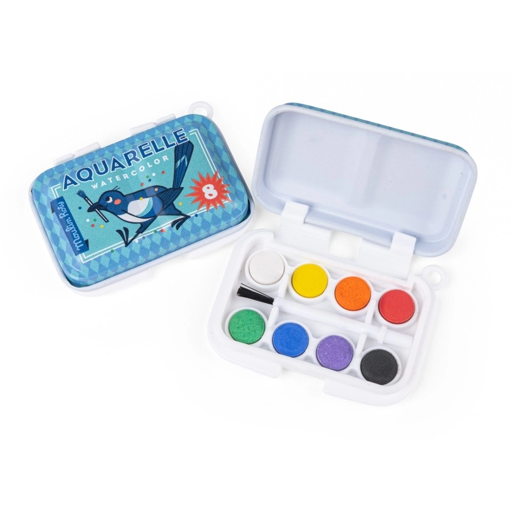 Small watercolor paint set with eight vibrant colors, including red, orange, yellow, and green, in a white plastic case. Lid features a playful bird illustration.