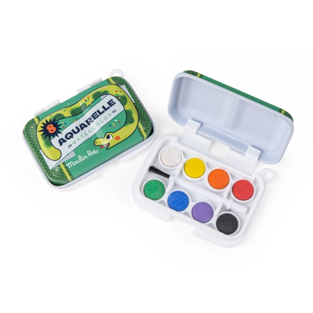 Compact watercolor set with eight vibrant colors, a brush, and a playful snake design on the lid. The open box lies beside the closed one.