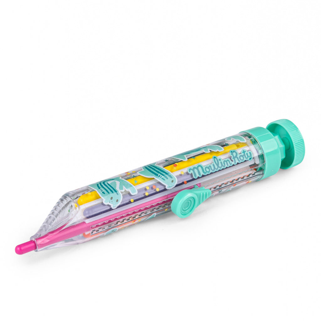 Colorful multi-tip pen with pink point. It has a clear barrel, decorative patterns, and pastel turquoise accents. Playful tone.