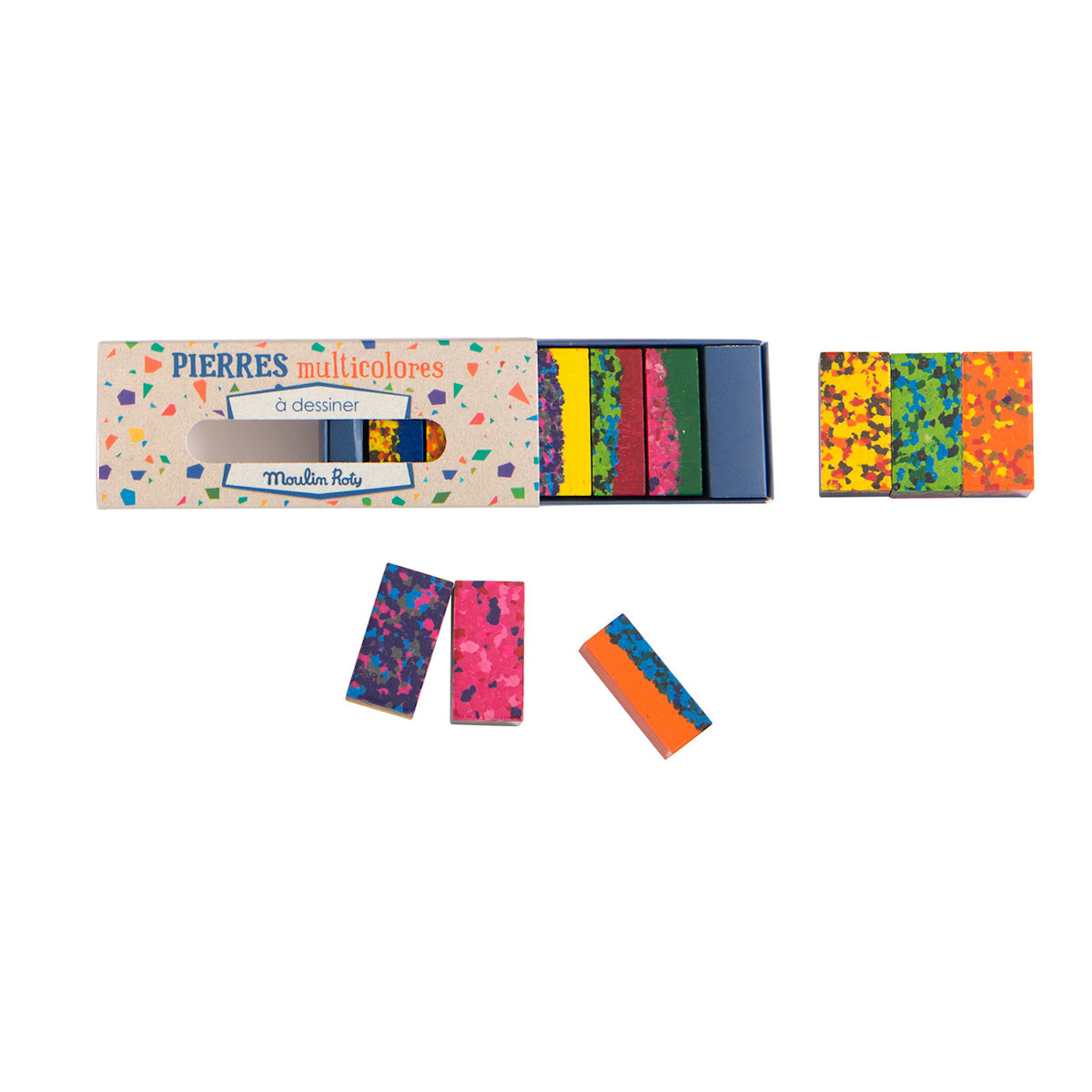 A box of colorful drawing stones with vibrant, speckled patterns in blue, pink, yellow, and orange. Three stones are displayed outside the box.