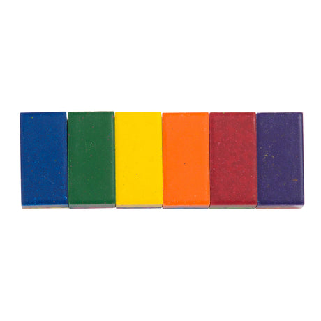 Moulin Roty multi colored wax crayon blocks in a row featuring blue, green, yellow, orange, red, and purple.