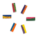 Six multi-colored wax crayon blocks arranged in a circle on a white background for toddler art.