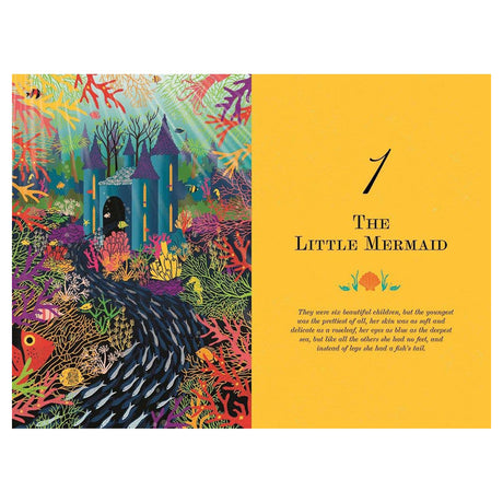 The Little Mermaid book title page with a colorful underwater coral reef illustration and a yellow chapter intro.