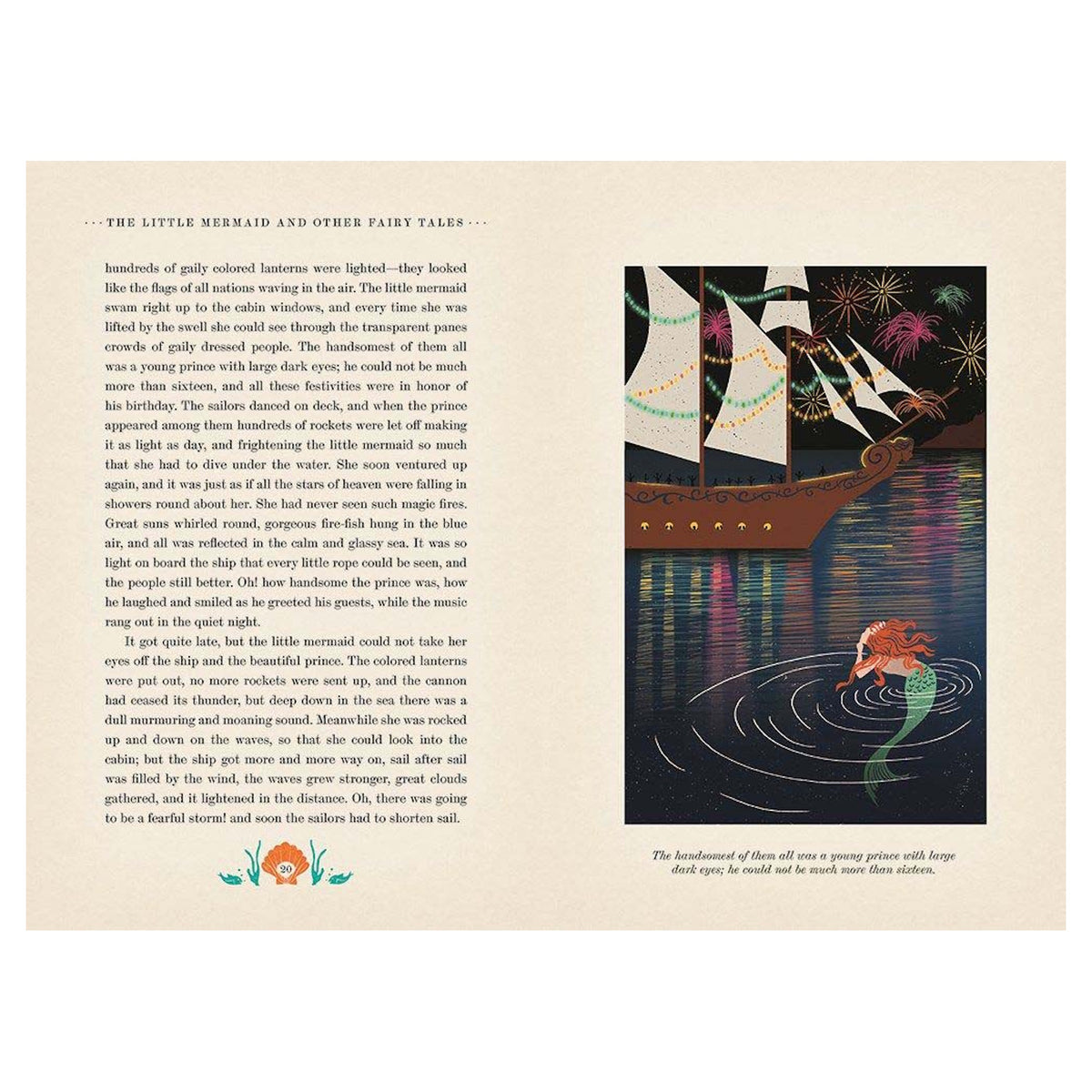 The Little Mermaid watching a festive ship with fireworks and lanterns at night, from a fairy tale book illustration.