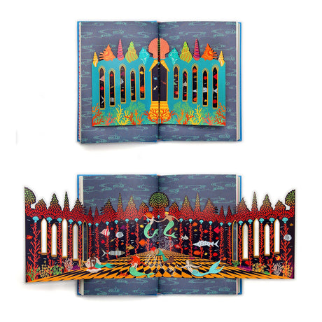 Pop-up book illustration of a mermaid palace with colorful coral, sea shells, and merpeople swimming underwater.