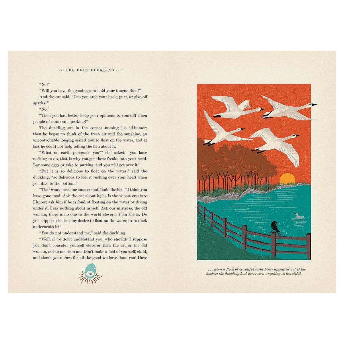 Illustration of swans flying over a lake at sunset from The Ugly Duckling fairytale book.