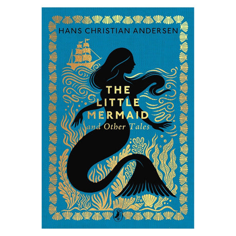 Silhouette of a mermaid with flowing hair and a swirling tail on a bright blue background, framed by gold sea motifs. Text: "The Little Mermaid and Other Tales" by Hans Christian Andersen.
