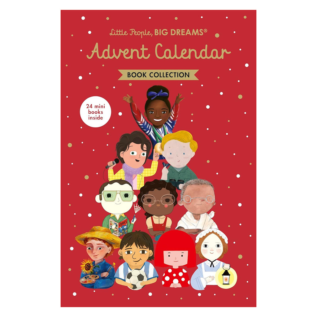 Red advent calendar cover with cartoon children celebrating. Text reads, "Little People, Big Dreams Book Collection." Includes "24 mini books inside."