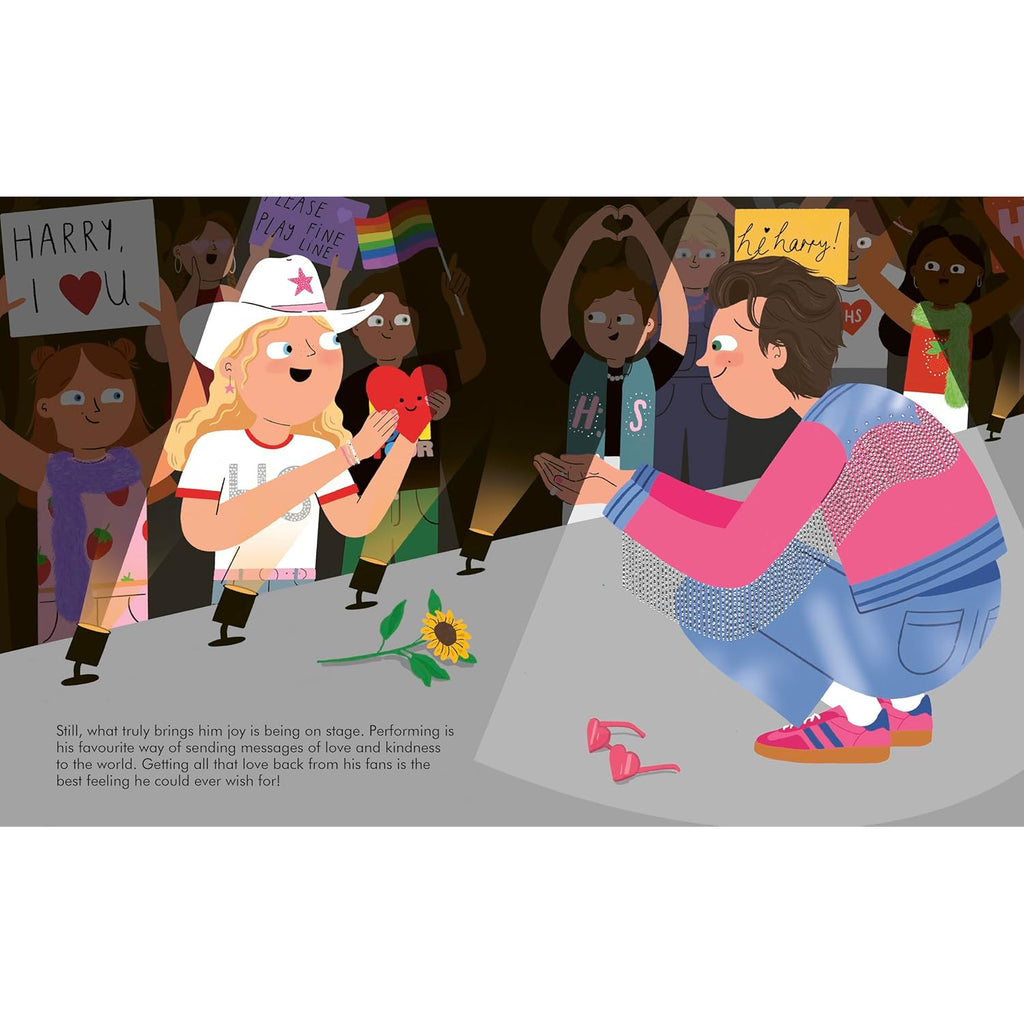 Illustration of a performer interacting with a child fan. The child, wearing a white hat, holds a heart and smiles. Other fans hold supportive signs. A sunflower lies on the stage, conveying joy and warmth.