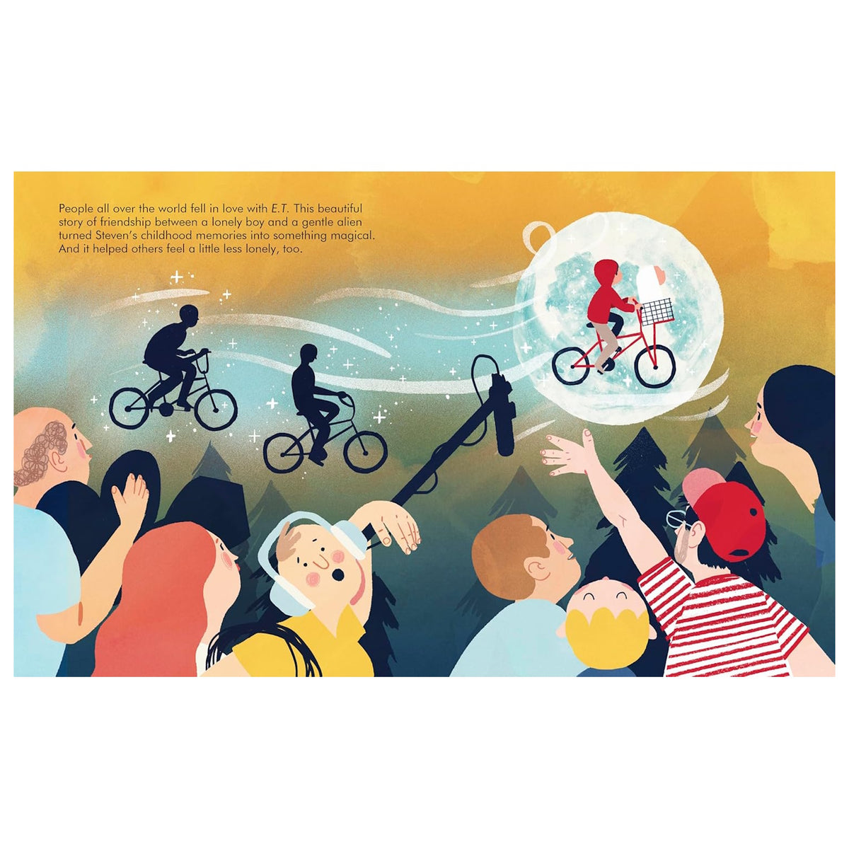 Flat lay view of open paper Little People Big Dreams mini book pages featuring colorful cinematic illustrations.