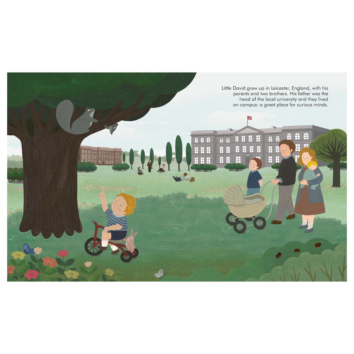 Illustration of a cheerful family on a grassy campus. A child on a tricycle reaches for a squirrel in a tree. Parents walk with a stroller. A grand building stands in the background.
