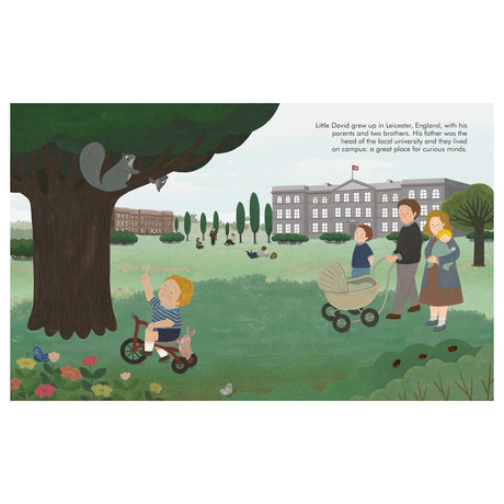 Illustration of a cheerful family on a grassy campus. A child on a tricycle reaches for a squirrel in a tree. Parents walk with a stroller. A grand building stands in the background.
