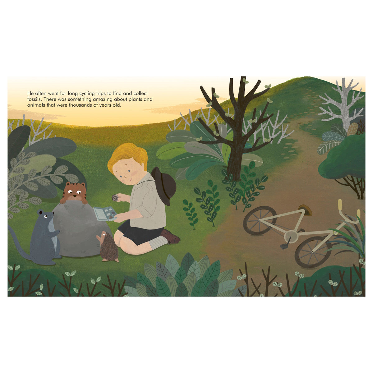 A child with a backpack sits on a grassy hill, examining fossils with a magnifying glass. Animals watch nearby. A bicycle rests on a path.