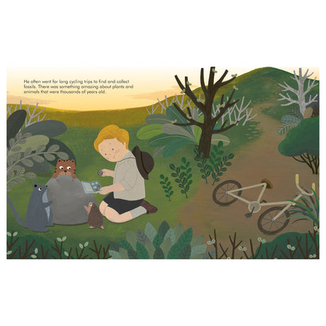 A child with a backpack sits on a grassy hill, examining fossils with a magnifying glass. Animals watch nearby. A bicycle rests on a path.
