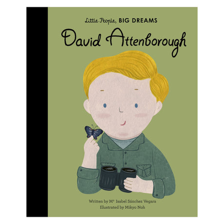 Illustrated book cover featuring a child with blond hair holding a butterfly and binoculars. The green background and title evoke curiosity and exploration.