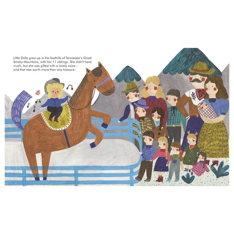 Illustration of young Dolly Parton singing on a horse, with her family gathered in front of mountains.