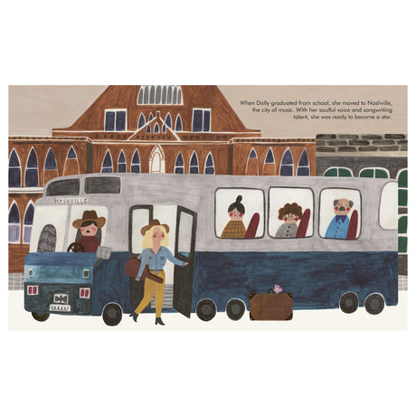 Illustration of young Dolly Parton stepping off a bus in Nashville carrying a guitar and suitcase.