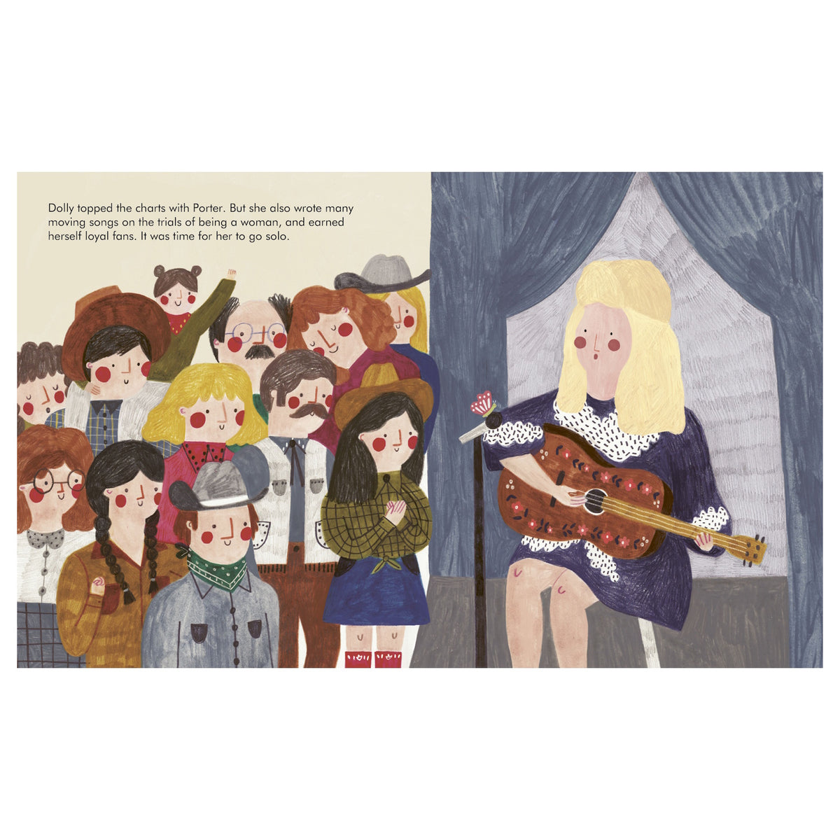 Illustration of Dolly Parton performing with an acoustic guitar on stage in front of a crowd.