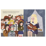 Illustration of Dolly Parton performing with an acoustic guitar on stage in front of a crowd.