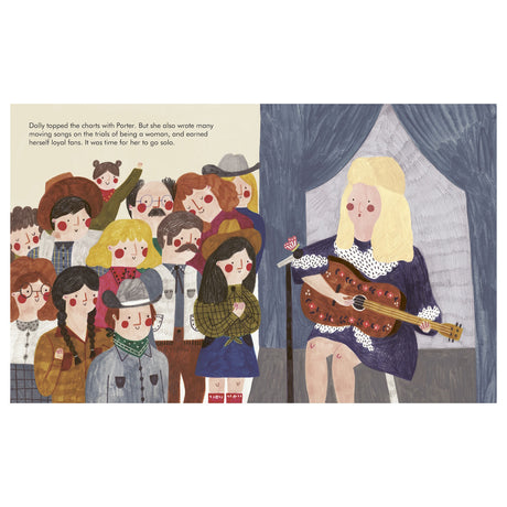 Illustration of Dolly Parton performing with an acoustic guitar on stage in front of a crowd.