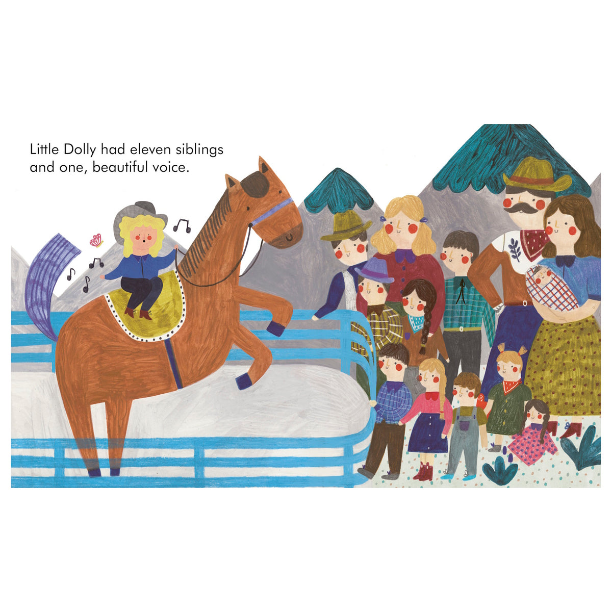 Illustrated board book page showing young Dolly Parton singing on a horse in front of her family.