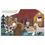 Illustrated board book page showing young Dolly Parton singing with a guitar to farm animals.