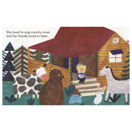 Illustrated board book page showing young Dolly Parton singing with a guitar to farm animals.