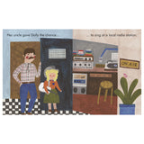 Illustrated board book page showing young Dolly Parton with her uncle entering a radio station studio.
