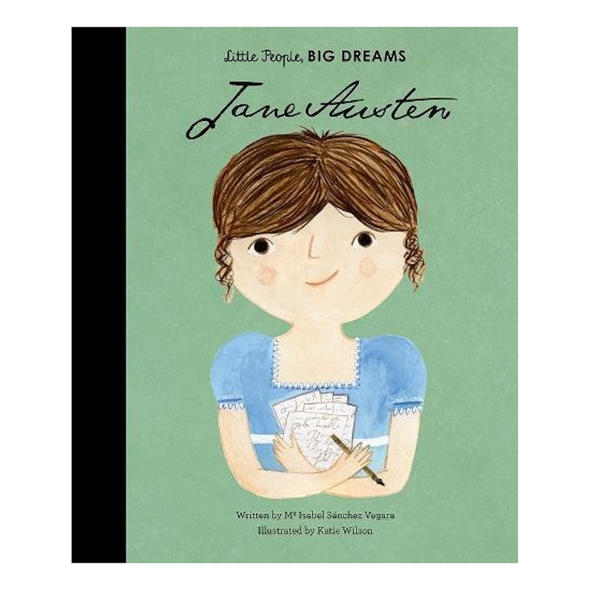 Jane Austen Little People BIG DREAMS book cover by Maria Isabel Sánchez Vegara and Katie Wilson on a green background.