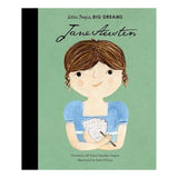 Jane Austen Little People BIG DREAMS book cover by Maria Isabel Sánchez Vegara and Katie Wilson on a green background.