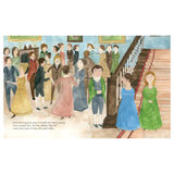 Watercolor illustration of Jane and Tom at a Regency-era ball with dancers, a grand staircase, and storybook text.