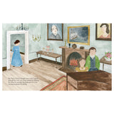 Watercolor illustration of a Regency-era room with a couple near a fireplace and a woman in blue exiting through a doorway.