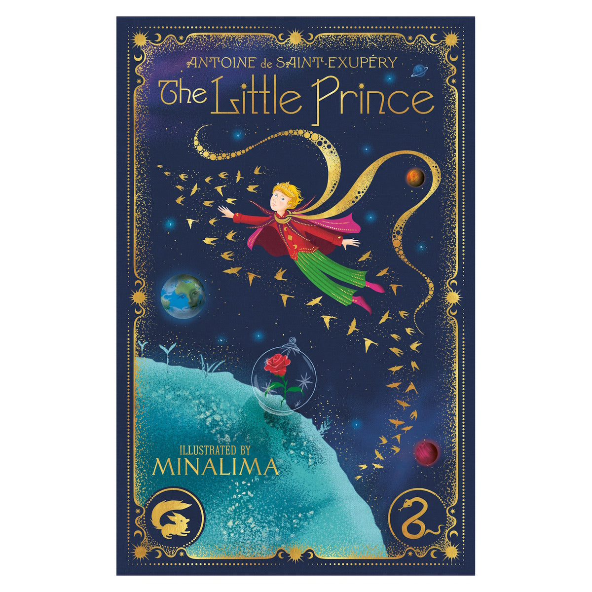 Cover of "The Little Prince" by Antoine de Saint-Exupéry, illustrated by Minalima. Features the prince in space, a floating planet, a red rose, and golden patterns.