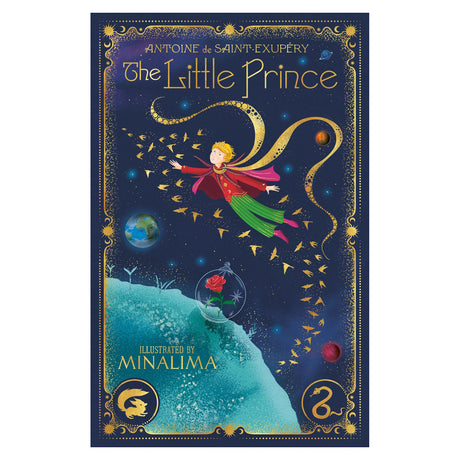 Cover of "The Little Prince" by Antoine de Saint-Exupéry, illustrated by Minalima. Features the prince in space, a floating planet, a red rose, and golden patterns.
